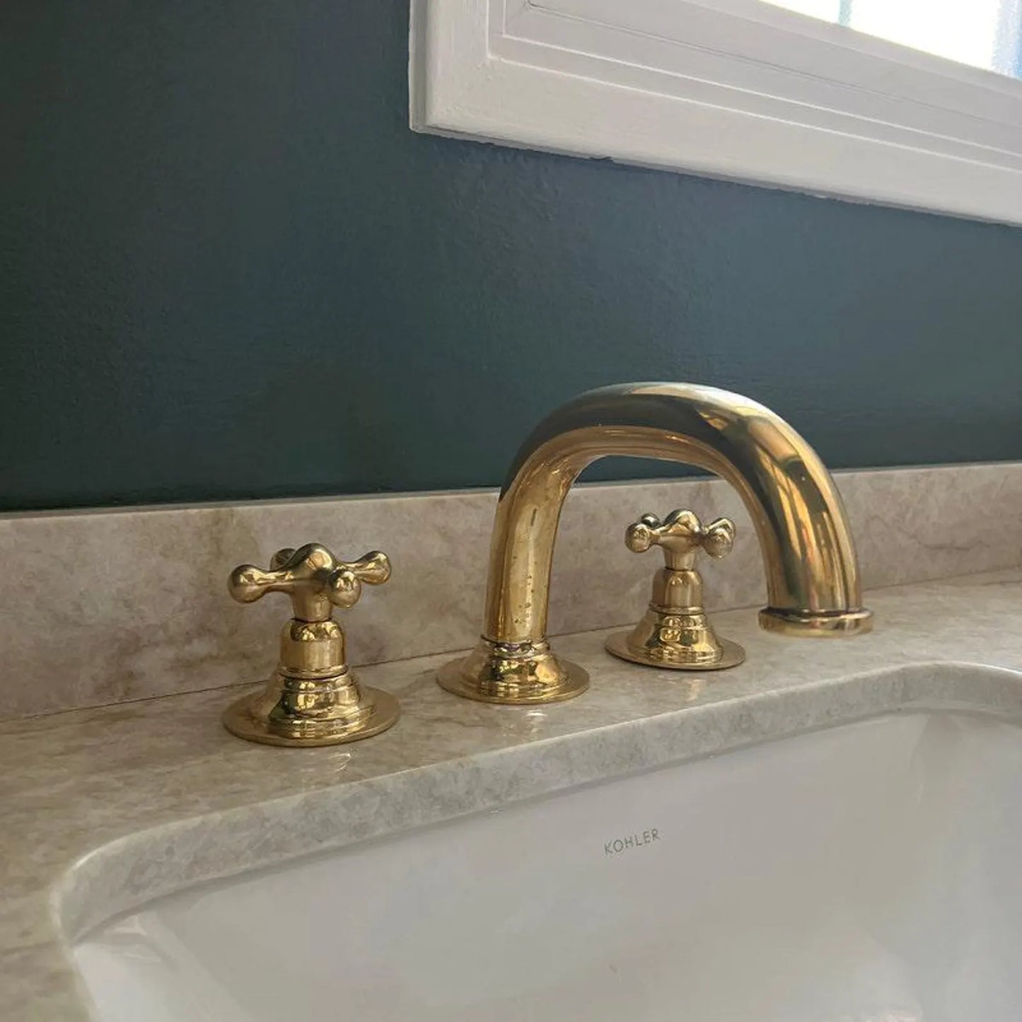 Widespread 3 Holes Solid Unlacquered Brass Faucet, Antique Brass Bathroom Faucet
