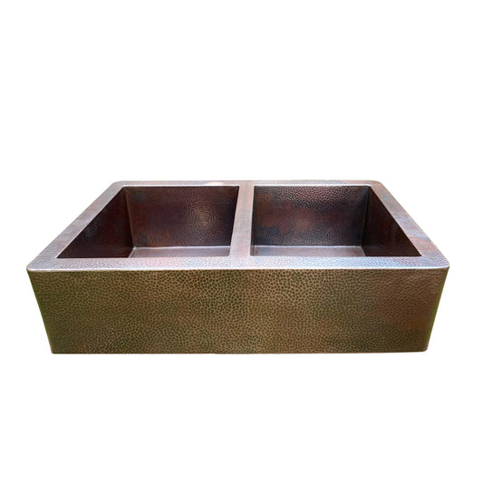 Copper Double Bowl Farmhouse Sink,Apron Front Kitchen Sink 14 gauge