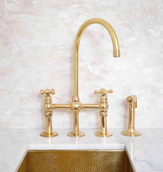 Unlacquered Brass 3 Holes Bridge Faucet, Antique Kitchen bridge Faucet