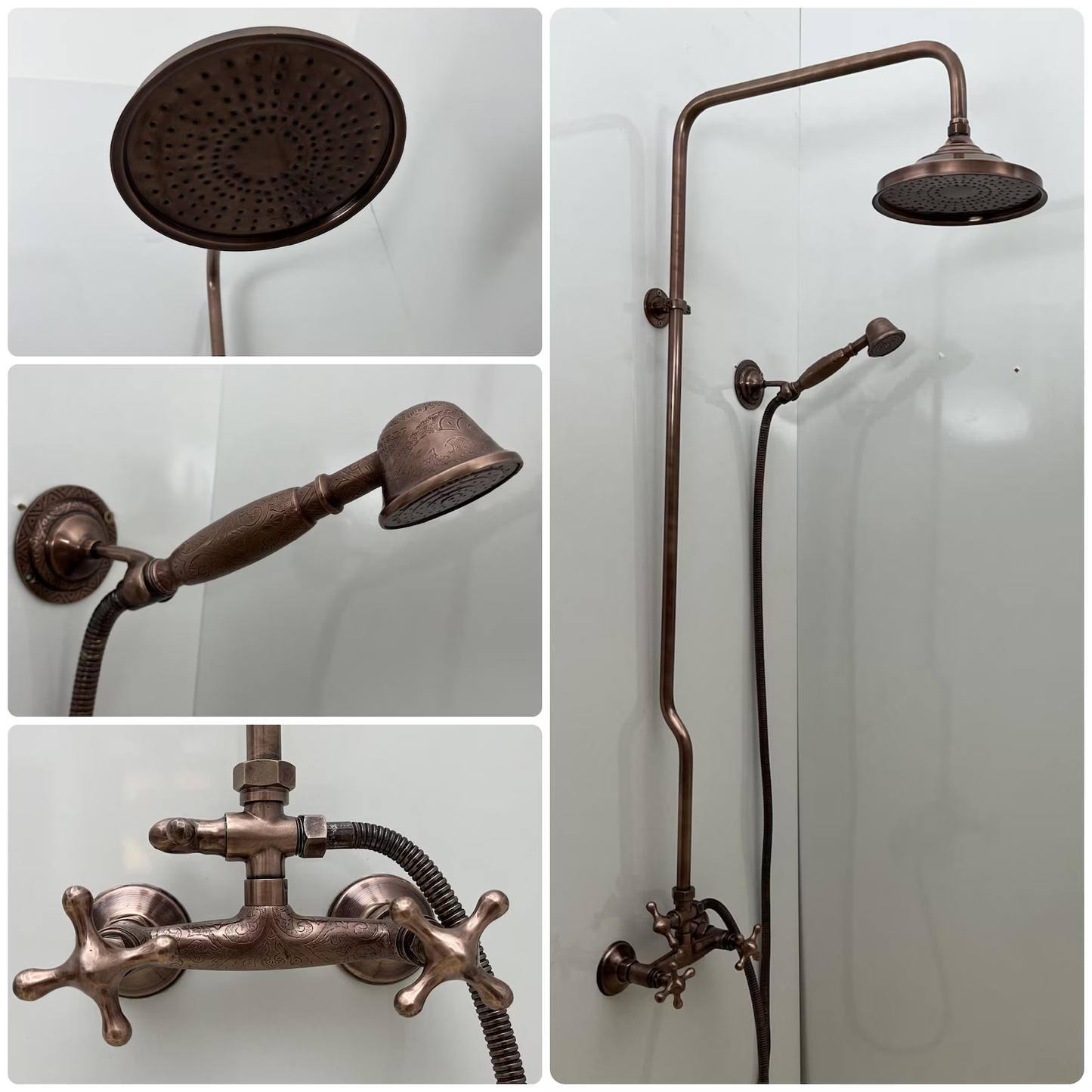 Exposed Copper Shower System with Round Copper ShowerHead, Handheld Shower