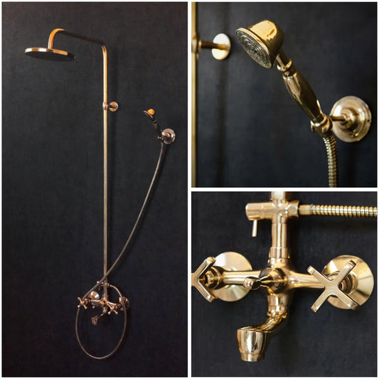 Unlacquered Brass Shower System - Tub Filler Exposed Pipe Rain Shower and Handheld