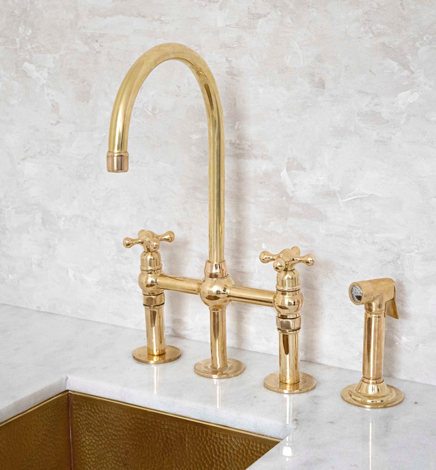 Unlacquered Brass 3 Holes Bridge Faucet, Antique Kitchen bridge Faucet