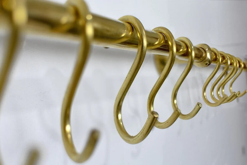 Solid Brass Pot Rail With Hooks, Unlacquered Brass Kitchen Pot Rack, Pot Hangers