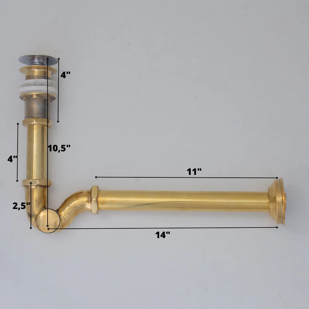Solid Unlacquered Brass P-trap and Sink Stopper, Push Up Button, Pop Up Drain, Brass Water Trap - NORD BRASS