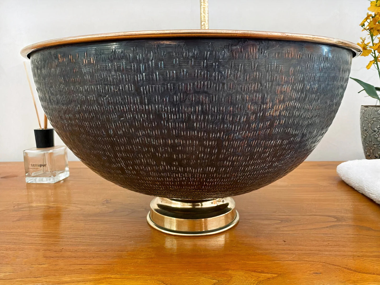 Brass Vessel Sink Bathroom With Black Exterior