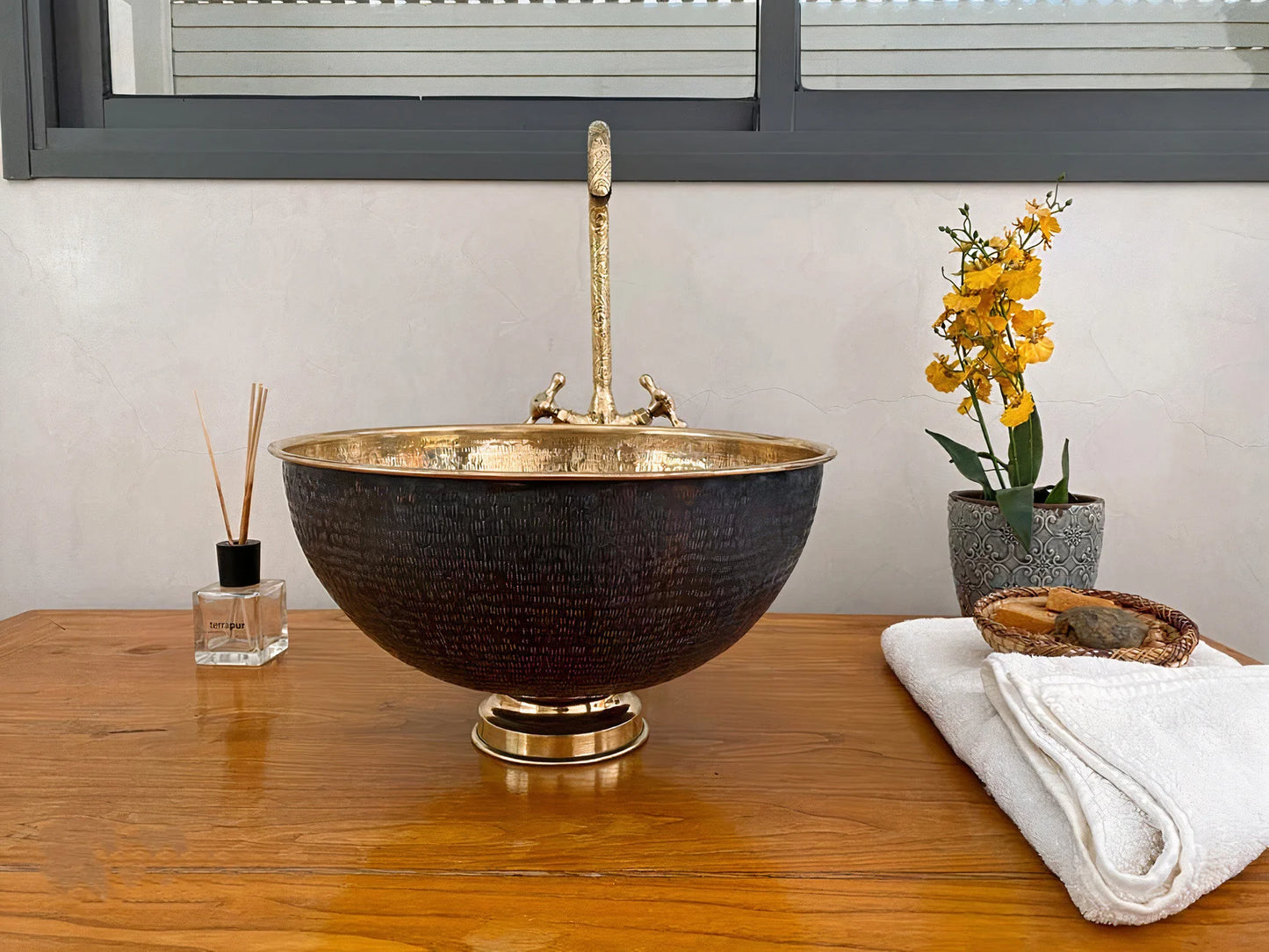 Brass Vessel Sink Bathroom With Black Exterior