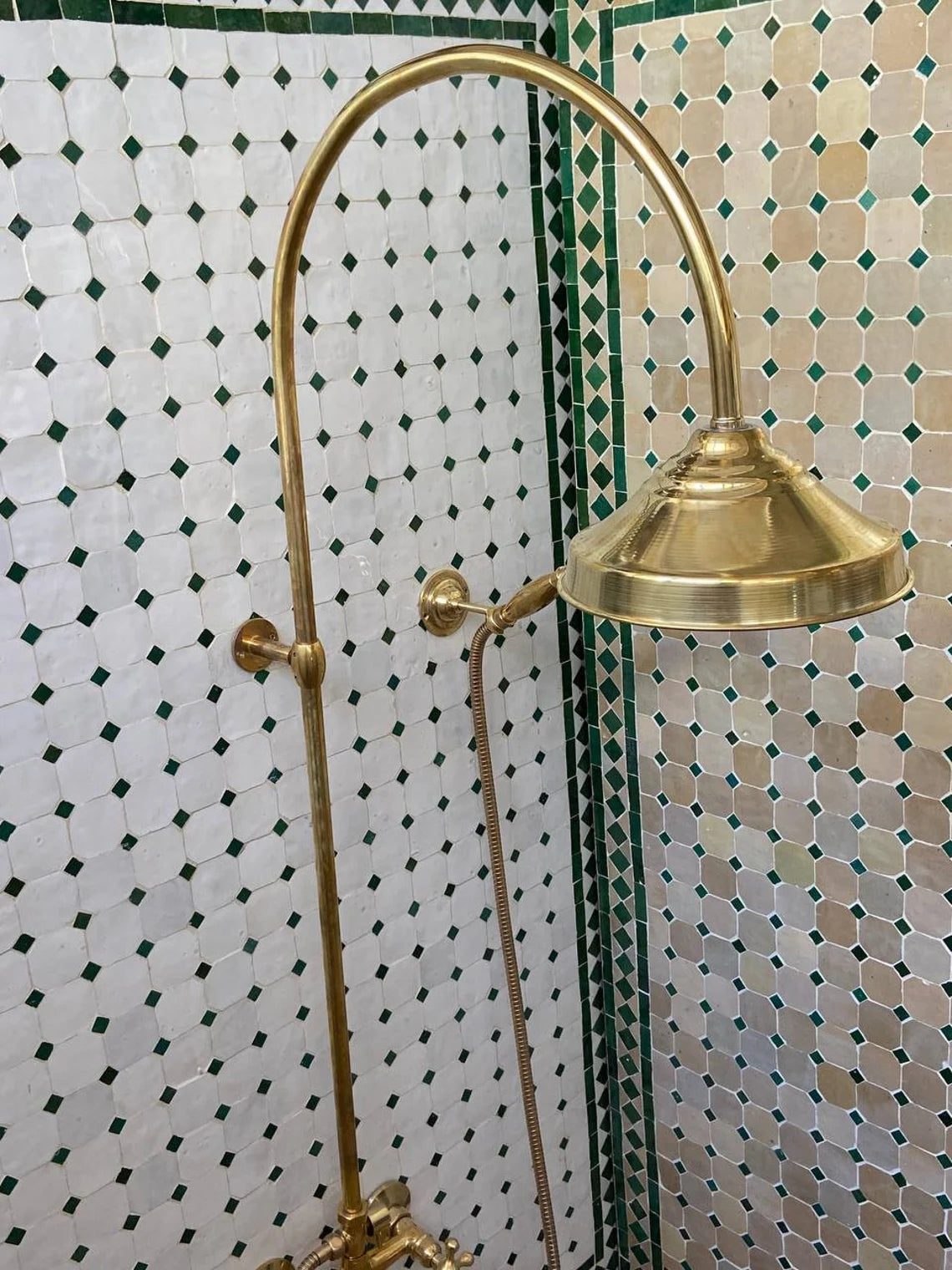 Unlacquered Brass Shower System with Handheld And Vintage Head Combo, Exposed Pipe - NORD BRASS