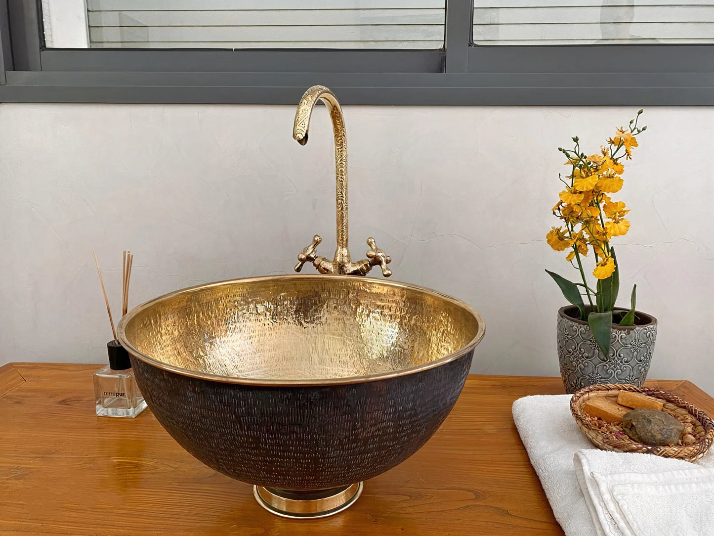 Brass Vessel Sink Bathroom With Black Exterior