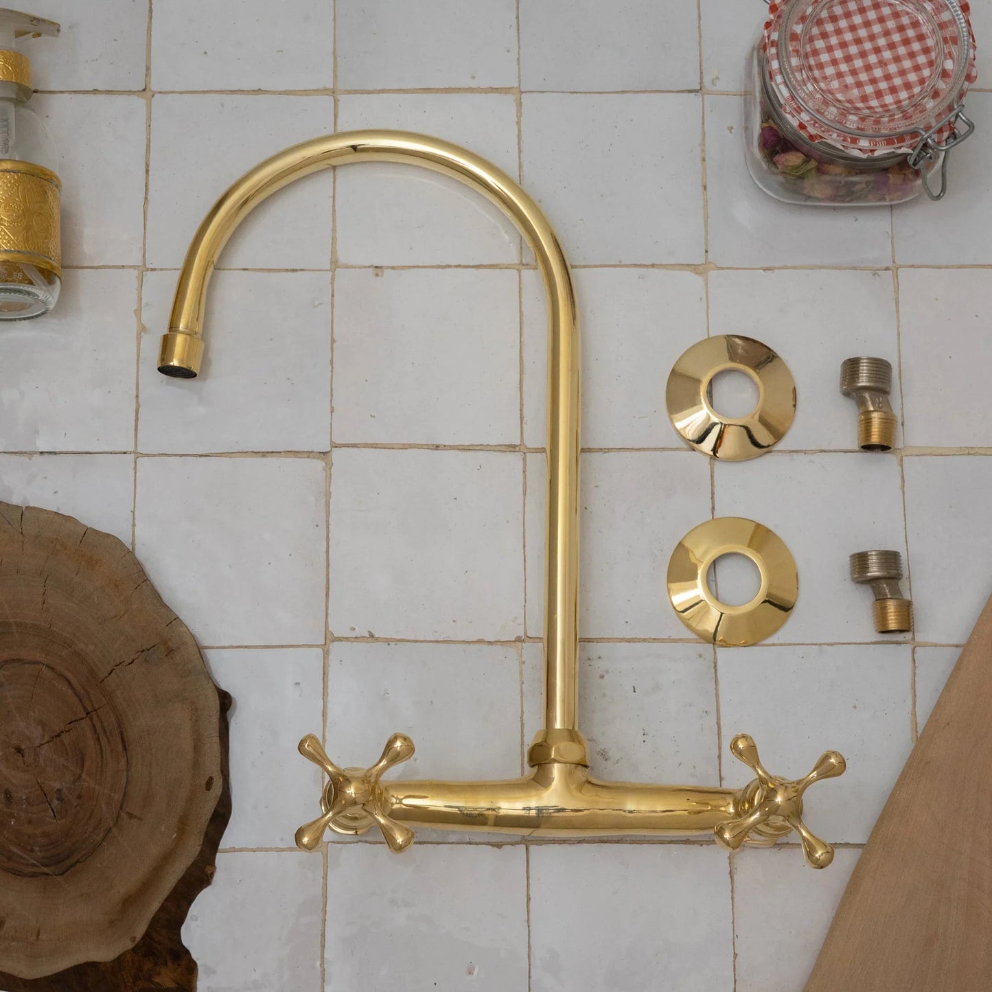 Unlacquered Brass Kitchen Wall Mount Faucet, Gooseneck Faucet - NORD BRASS