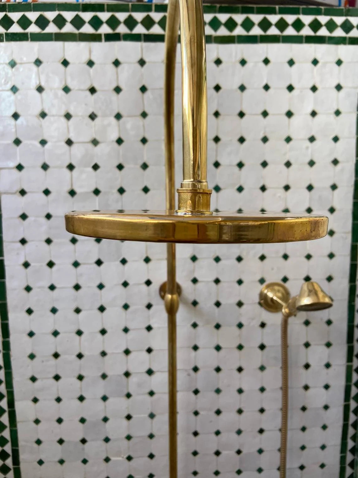 Unlacquered Brass Shower System with Handheld And Vintage Head Combo, Exposed Pipe - NORD BRASS