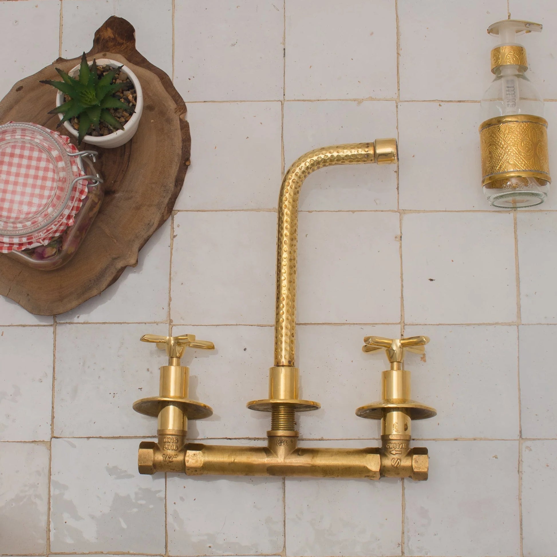Built In Brass Bathroom Faucet- Hammered Wall Sink Faucet - NORD BRASS