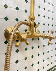 Unlacquered Brass Shower System with Handheld And Vintage Head Combo, Exposed Pipe - NORD BRASS