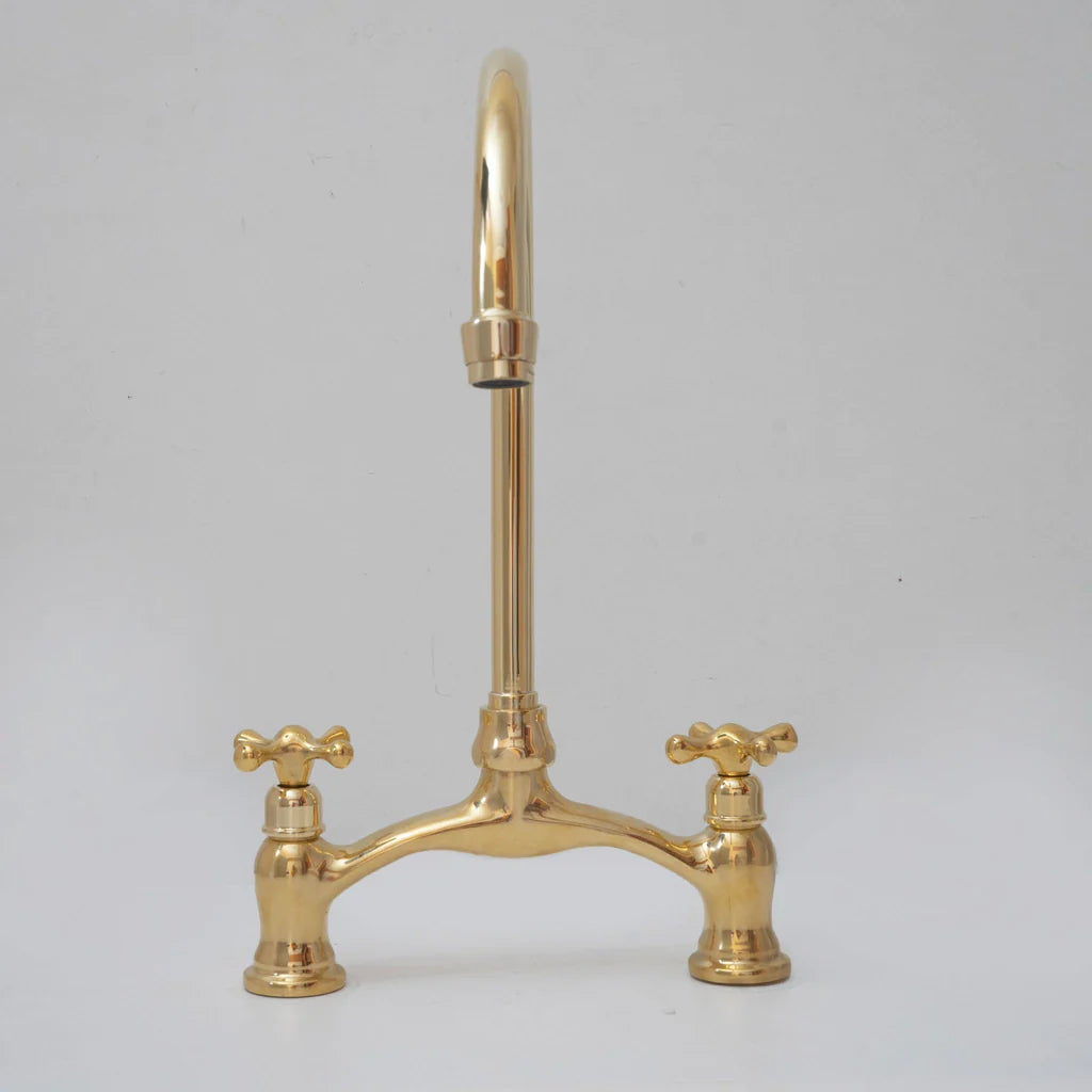 Brass Bridge Kitchen Faucet - V Shaped Unlacquered Brass Faucet - NORD BRASS