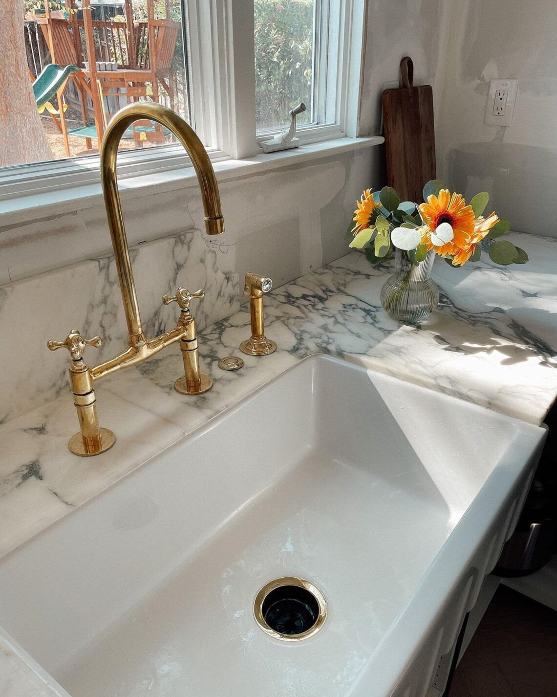 Unlacquered Solid Brass Bridge Faucet, Vintage Kitchen Sink Faucet
