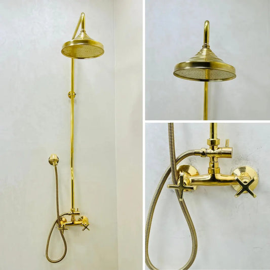 Unlacquered Brass Shower System with Handheld And Vintage Head Combo, Exposed Pipe