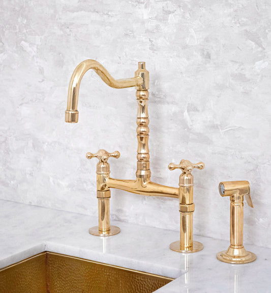 Antique Solid Brass Bridge Faucet, Vintage Kitchen Sink Faucet