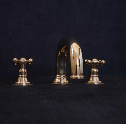Widespread 3 Holes Solid Unlacquered Brass Faucet, Antique Brass Bathroom Faucet