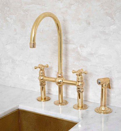 Unlacquered Brass 3 Holes Bridge Faucet, Antique Kitchen bridge Faucet