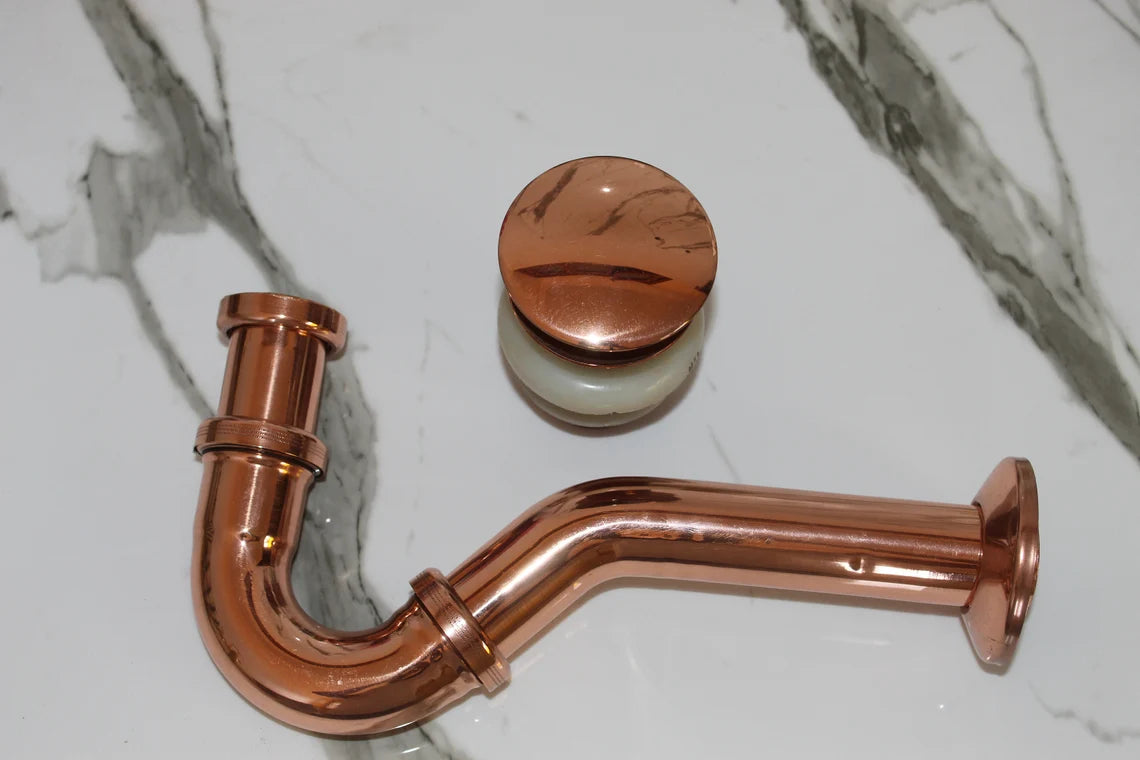 Set of Solid Unlacquered Brass S-trap Sink Stopper and Push Up Button - NORD BRASS
