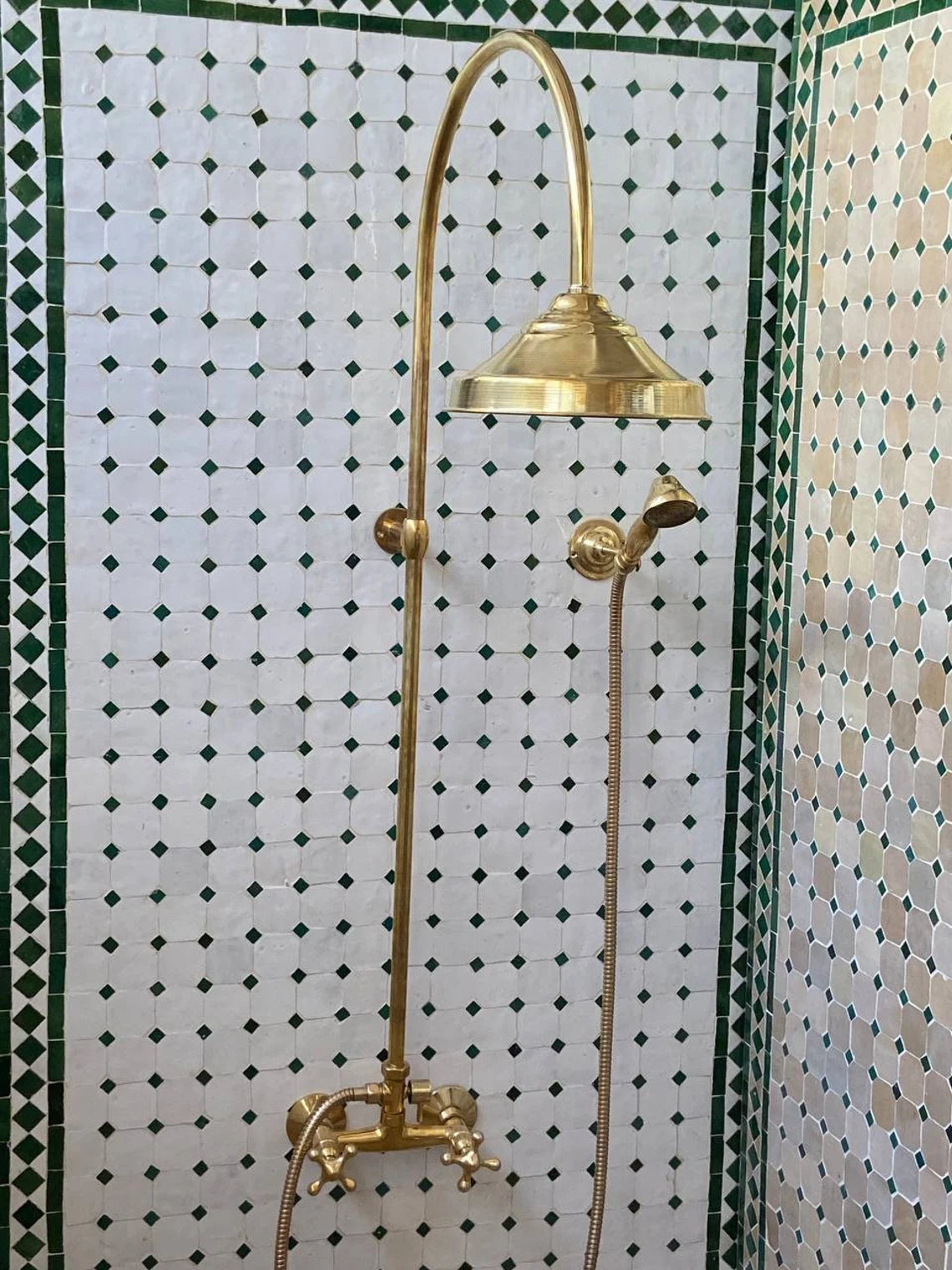 Unlacquered Brass Shower System with Handheld And Vintage Head Combo, Exposed Pipe - NORD BRASS