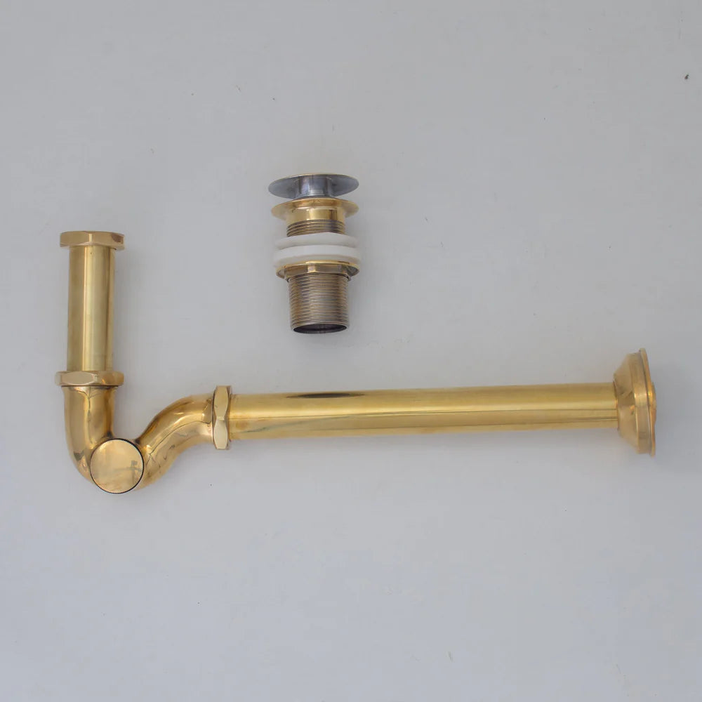 Solid Unlacquered Brass P-trap and Sink Stopper, Push Up Button, Pop Up Drain, Brass Water Trap - NORD BRASS
