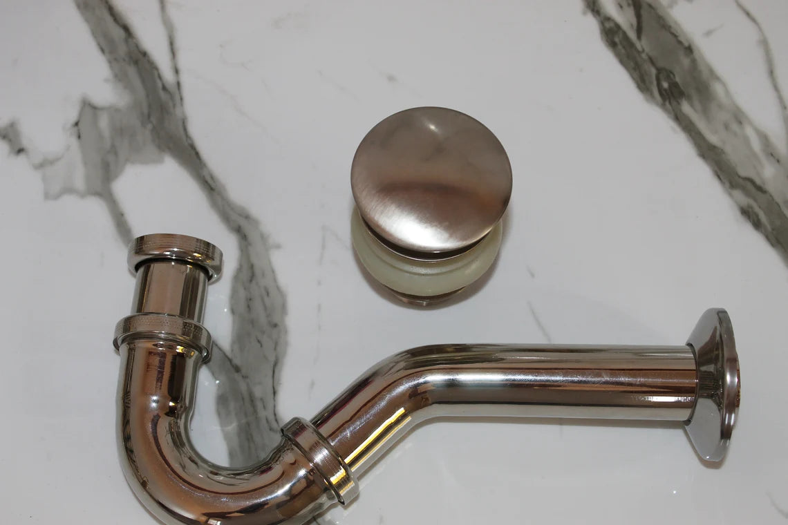 Set of Solid Unlacquered Brass S-trap Sink Stopper and Push Up Button - NORD BRASS