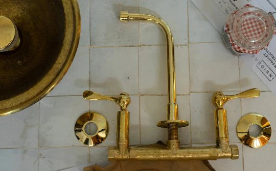 Unlacquered Brass Wall Mount Built In Bathroom Vanity Sink Faucet With lever Handles - NORD BRASS