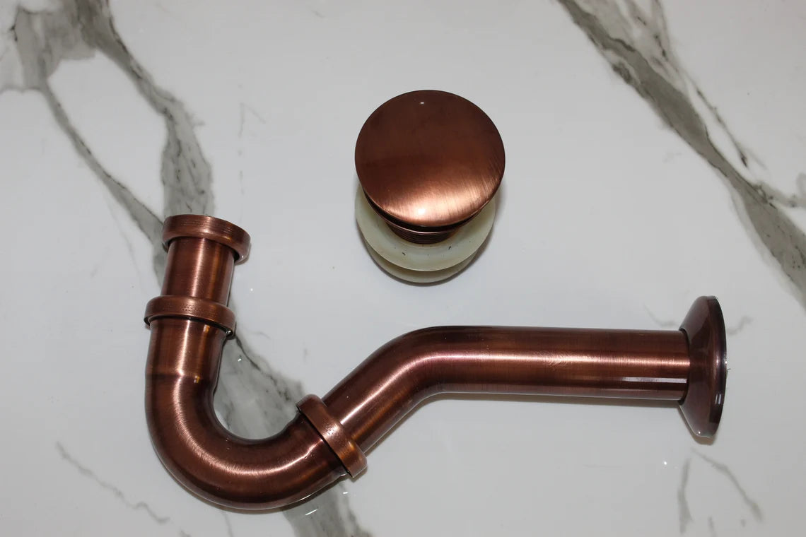 Set of Solid Unlacquered Brass S-trap Sink Stopper and Push Up Button - NORD BRASS