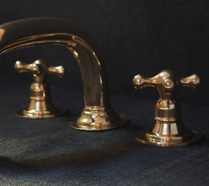 Widespread 3 Holes Solid Unlacquered Brass Faucet, Antique Brass Bathroom Faucet