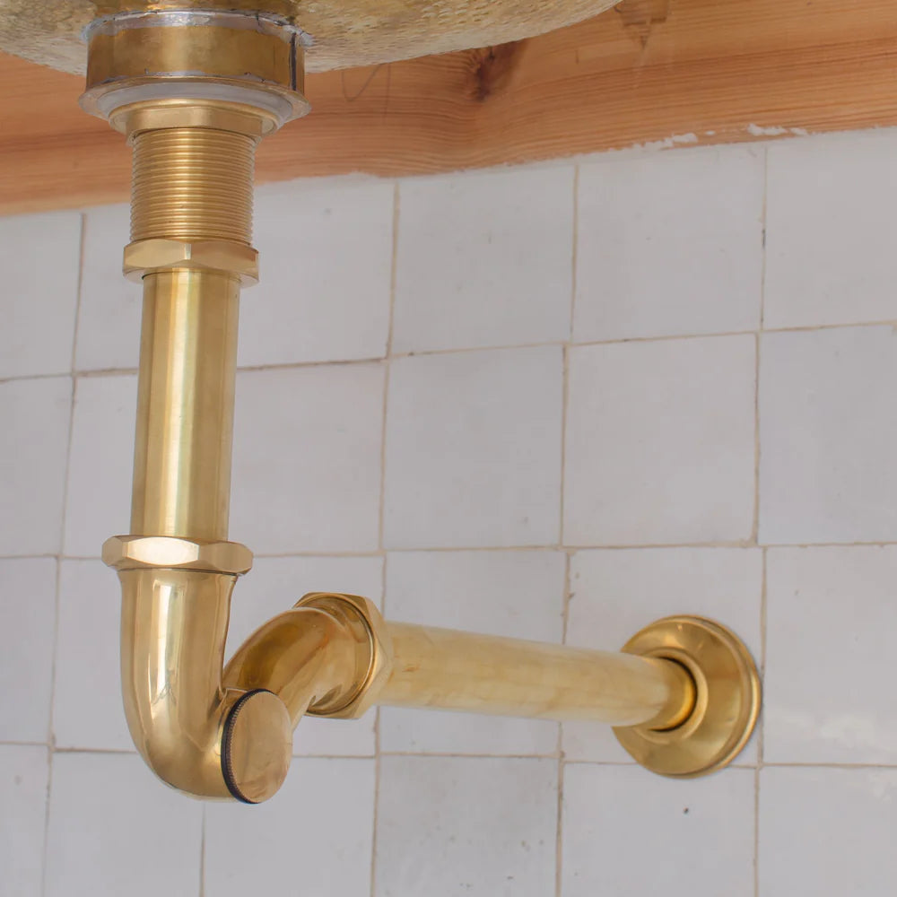 Solid Unlacquered Brass P-trap and Sink Stopper, Push Up Button, Pop Up Drain, Brass Water Trap - NORD BRASS