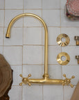 Unlacquered Brass Kitchen Wall Mount Faucet, Gooseneck Faucet - NORD BRASS
