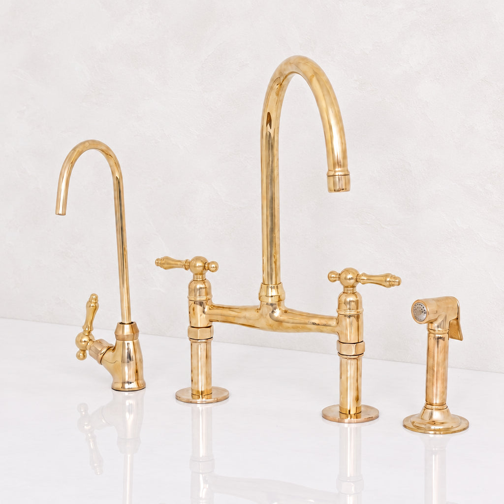 Unlacquered solid Brass Bridge Kitchen Faucet - Solid Brass Kitchen Tap