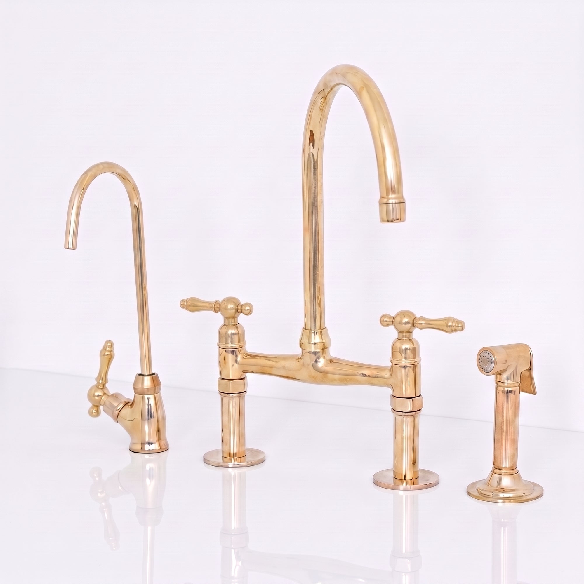 Unlacquered Brass Bridge Kitchen Faucet - Solid Brass Kitchen Tap