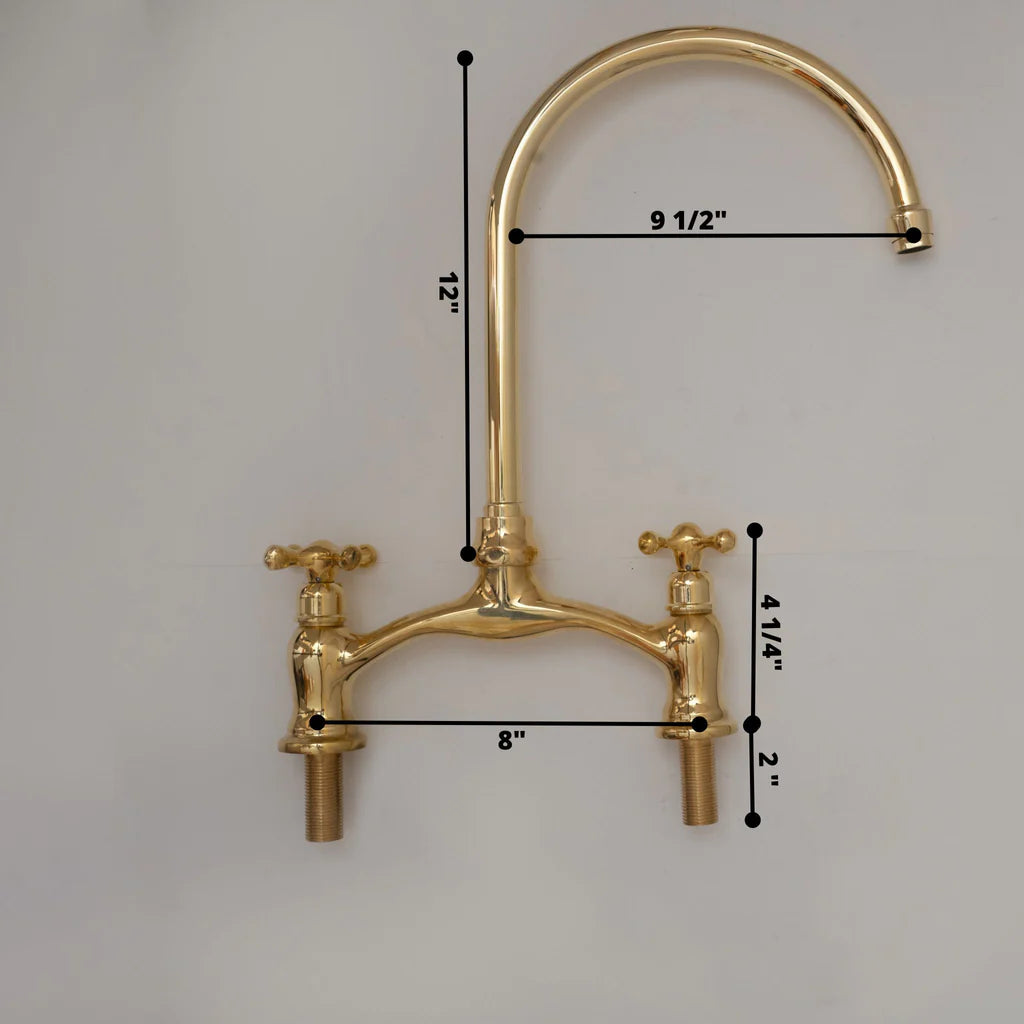 Brass Bridge Kitchen Faucet - V Shaped Unlacquered Brass Faucet - NORD BRASS