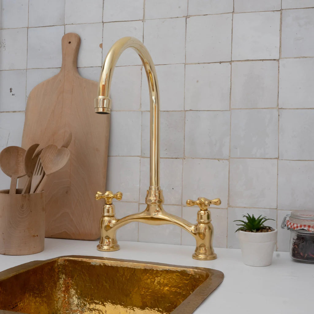 Brass Bridge Kitchen Faucet - V Shaped Unlacquered Brass Faucet - NORD BRASS