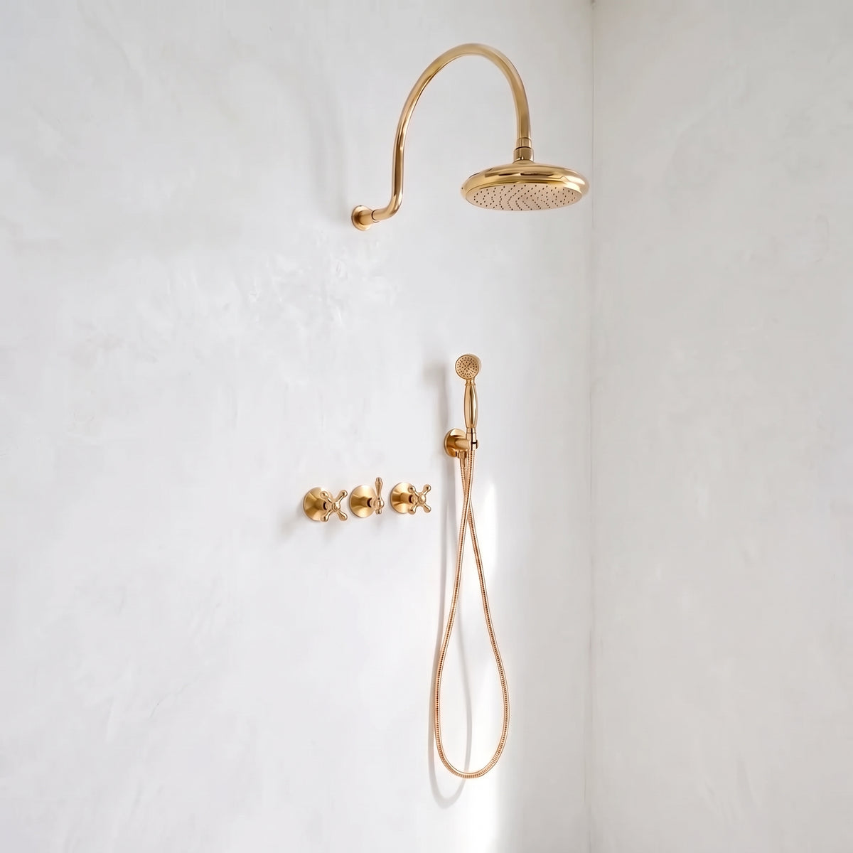 Solid Brass Rainfall Shower, Unlacquered Brass 2 outlet Shower Set