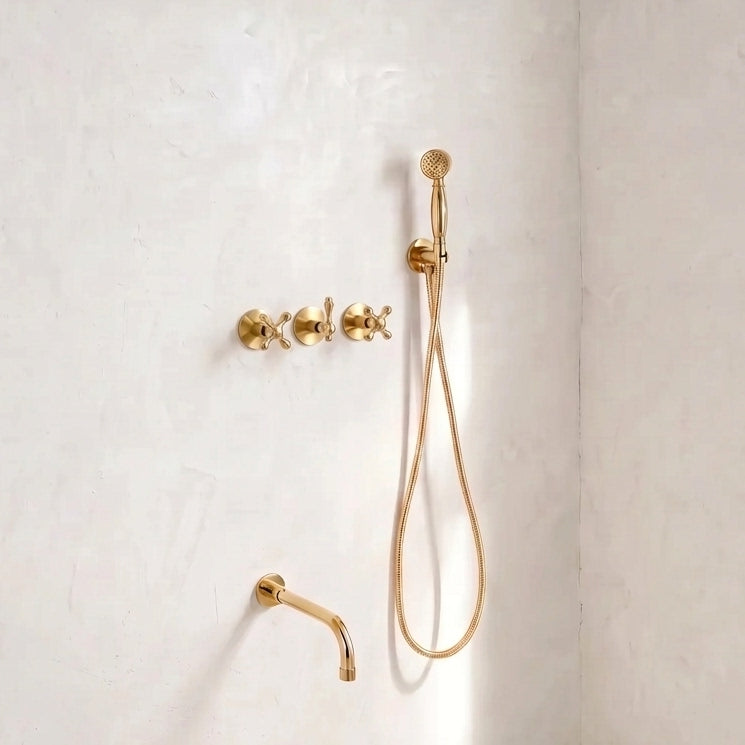 Solid Brass 2 outlet Shower - Unlacquered Brass Handheld with Tub filler