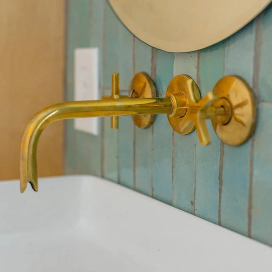 Unlacquered Brass Bathroom Faucet - Antique Brass Wall Mount Faucet - NORD BRASS